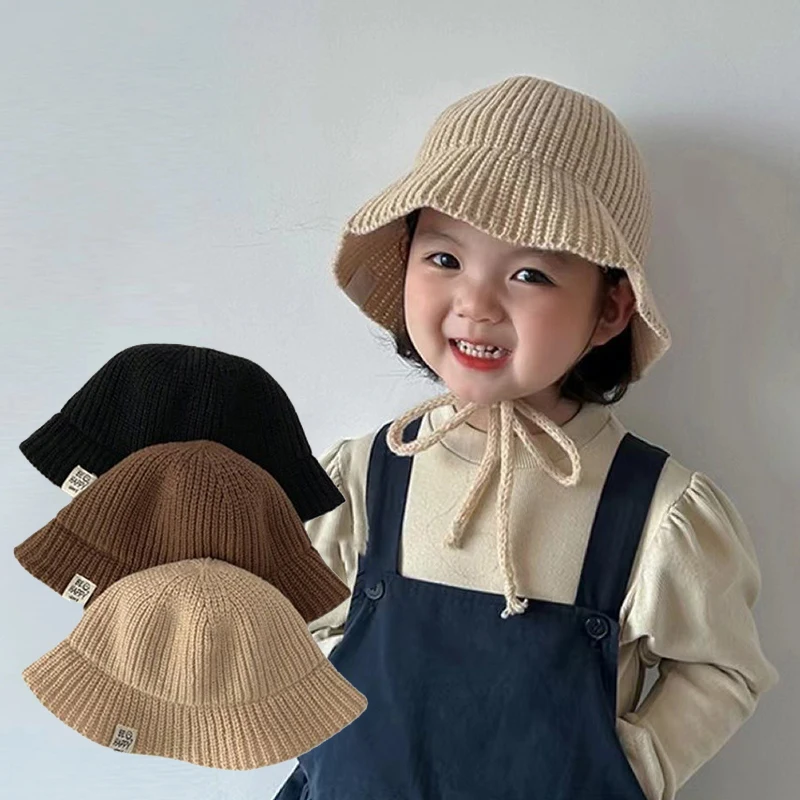 

Solid Color Woolen Fisherman Hat For For Girls Children Windproof Warm Basin Cap Autumn Winter Kids Knit Bucket Hata Panama Caps