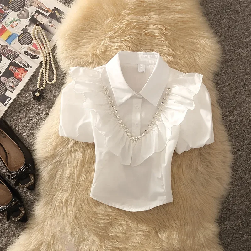 Woman Clothing T-shirts Diamond-encrusted Polo Collar White Shirt Female Summer Short Bubble Sleeve Shirt Ruffled Loose Top