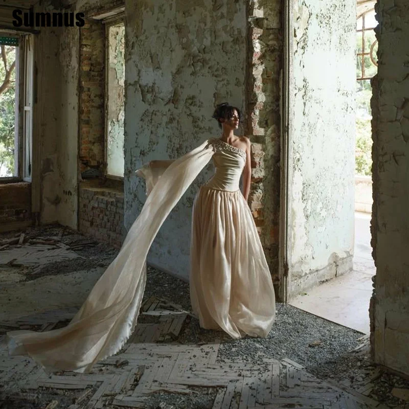 

Sumnus Flowy A-line Prom Dresses One Shoulder Pearls Beading Sleeveless Maxi Evening Dresses vestidos de gala Customized