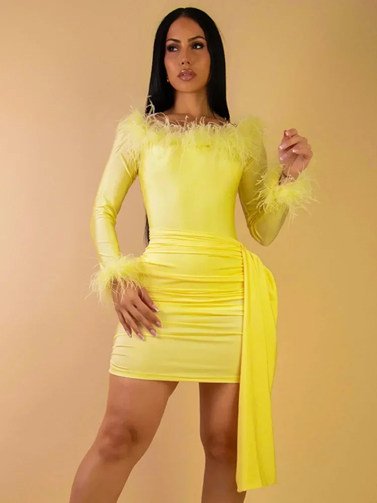 Laxsesu plume à manches longues robe Sexy ensemble femmes épaules dénudées sans bretelles body et jupe correspondant ensembles femme deux pièces ensemble