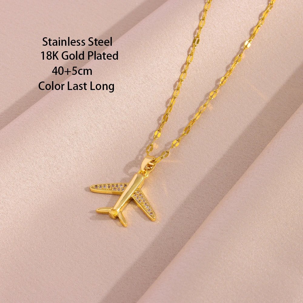 New Fashion 18K Gold Plated Airplane Pendant Necklaces For Women Trendy Female Stainless Steel Clavicle Chain Jewelry Wholesale