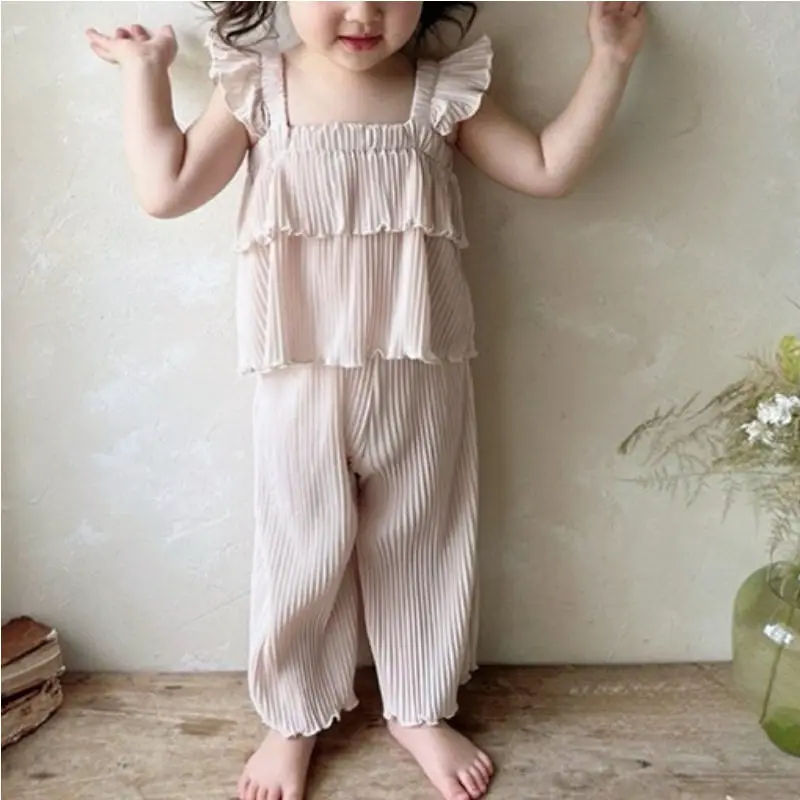 

2026 Summer New Children Solid Thin Clothes Set Girls Flying Sleeve Sling Vest + Trousers 2pcs Suit Kids Simple Cotton Outfits