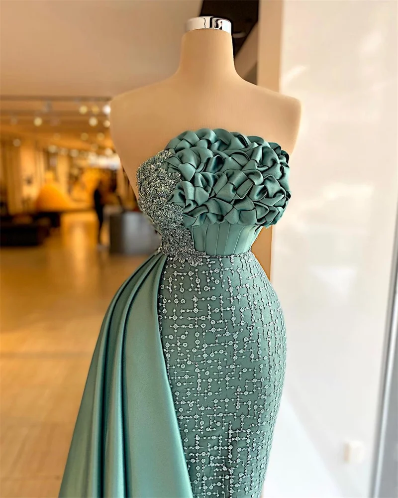 Chic Green Mermaid Prom Dresses Off Shoulder Strapless Evening Dress Custom Made Ruffles Glitter Floor Length Party Gown