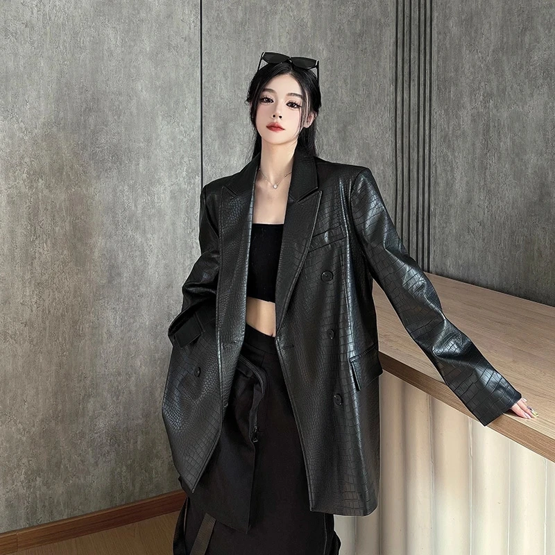 

2026 Новые весенние черные пиджаки средней длины, пальто из искусственной кожи, женская корейская свободная мягкая верхняя одежда из искусственной кожи, женские кожаные костюмы, куртка