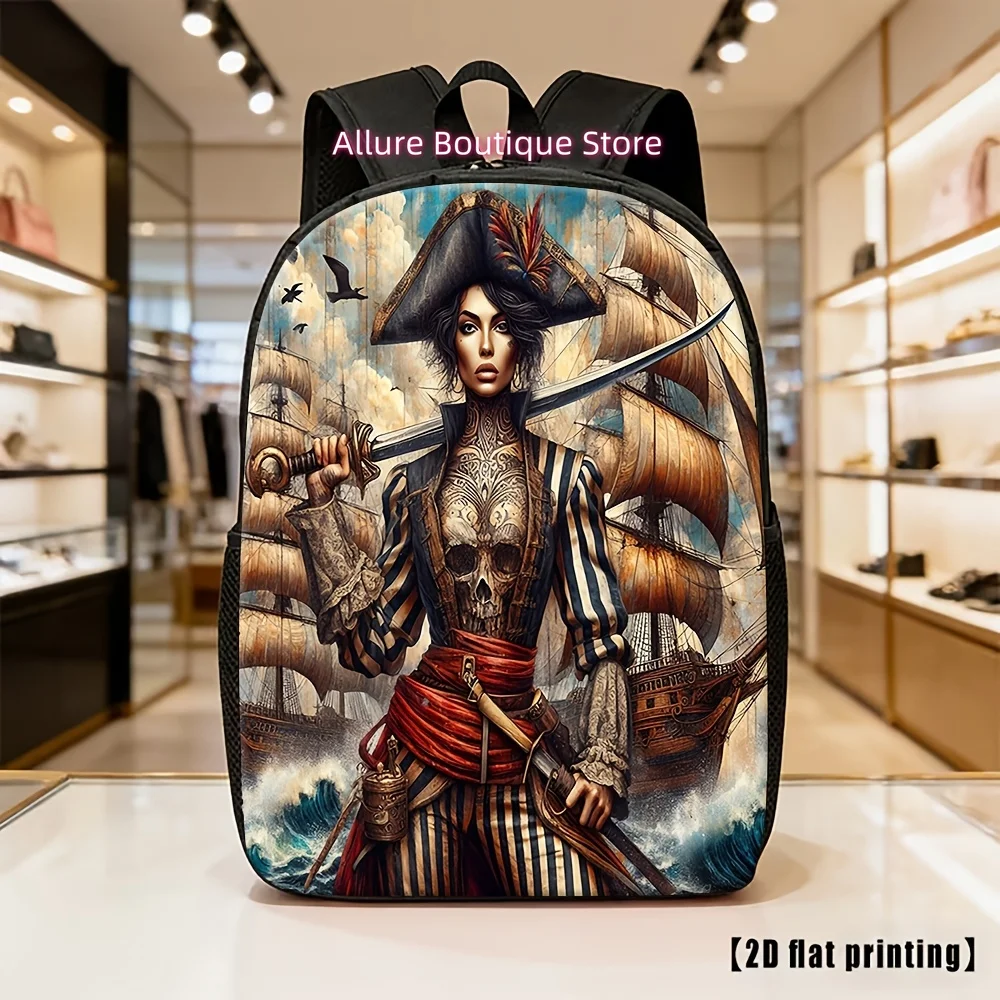 Pirate-Themed Backpack with Female Pirate Ship Print - Lightweight School Bookbag Suitable for Teen, Adjustable Straps & Zipper