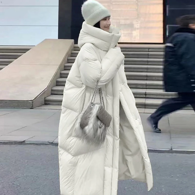 

Winter Solid Long Hooded Down Jacket Thick Warm Outdoor Parka Outwear Women White Duck Down Loose Knee Length Jacket JJ1191