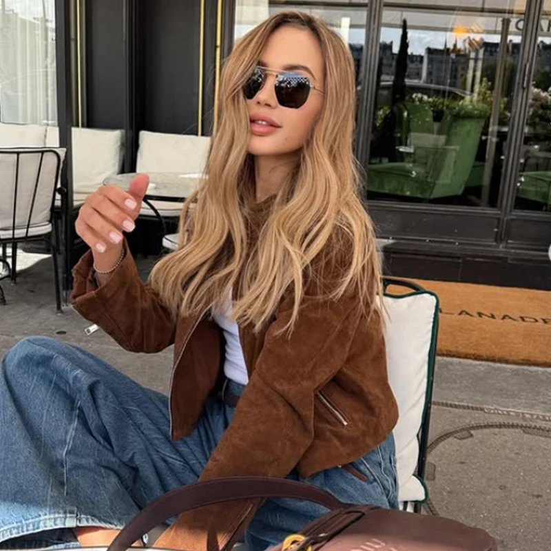 HXAO اقتصاص معطف سترة من جلد الغزال المرأة ديمي الموسم فو سترة جلدية ملابس خارجية طويلة الأكمام Bomber سترة زمم معطف قصير