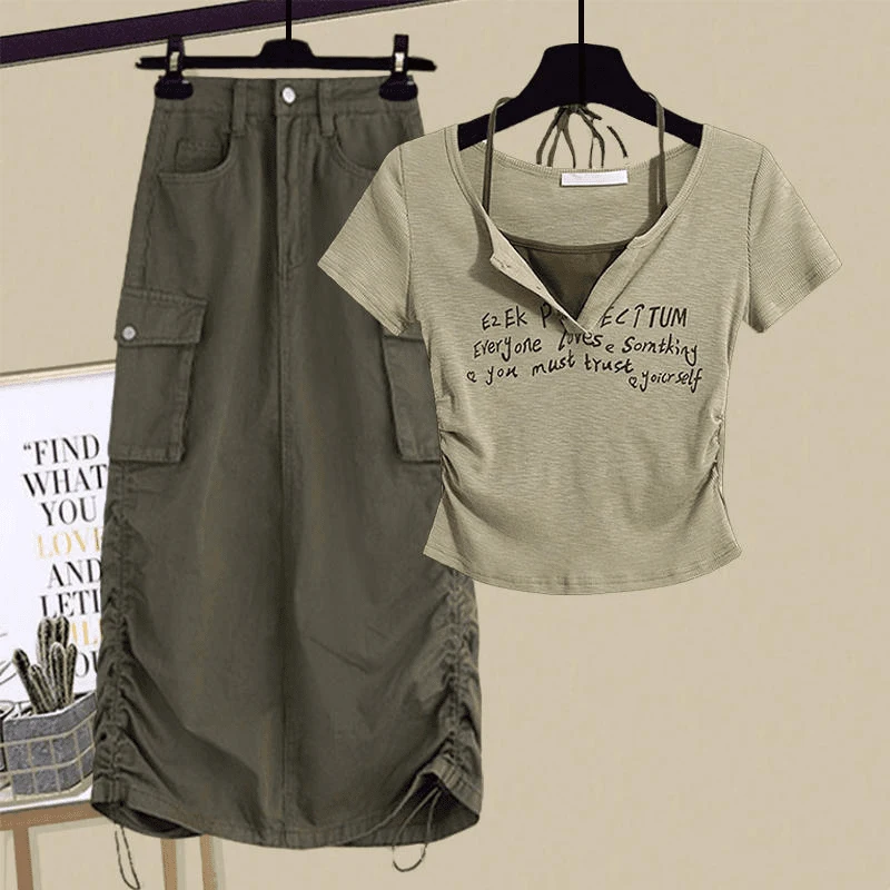 

Summer Faionable Women's Design Ne Hanging Top T-irt Vintage Work Skirt Two-Piece Set ort Sve round Ne Overhead