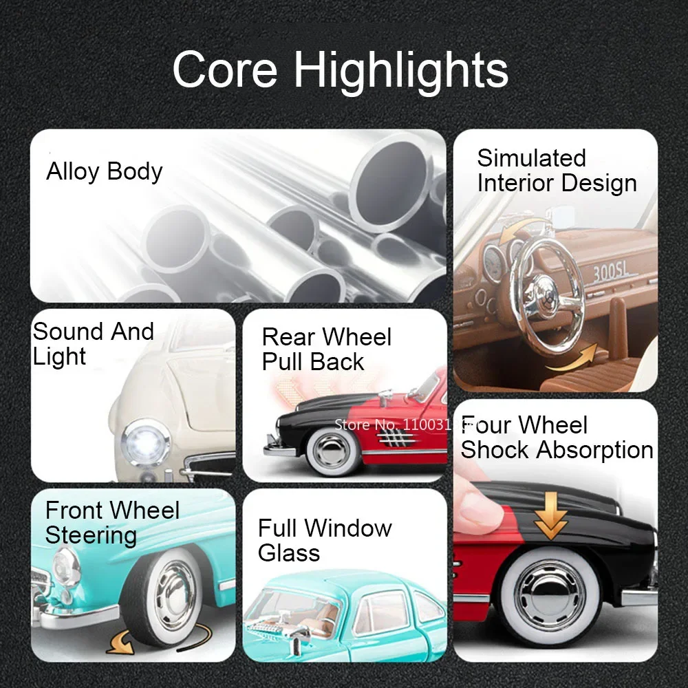 1:22 Shelby Cobra 427 300SL Alloy Diecast Sport Cars Model Toy Wheel Pull Back Miniature Car Light Sound Vehicle Kids Adult Gift view 6