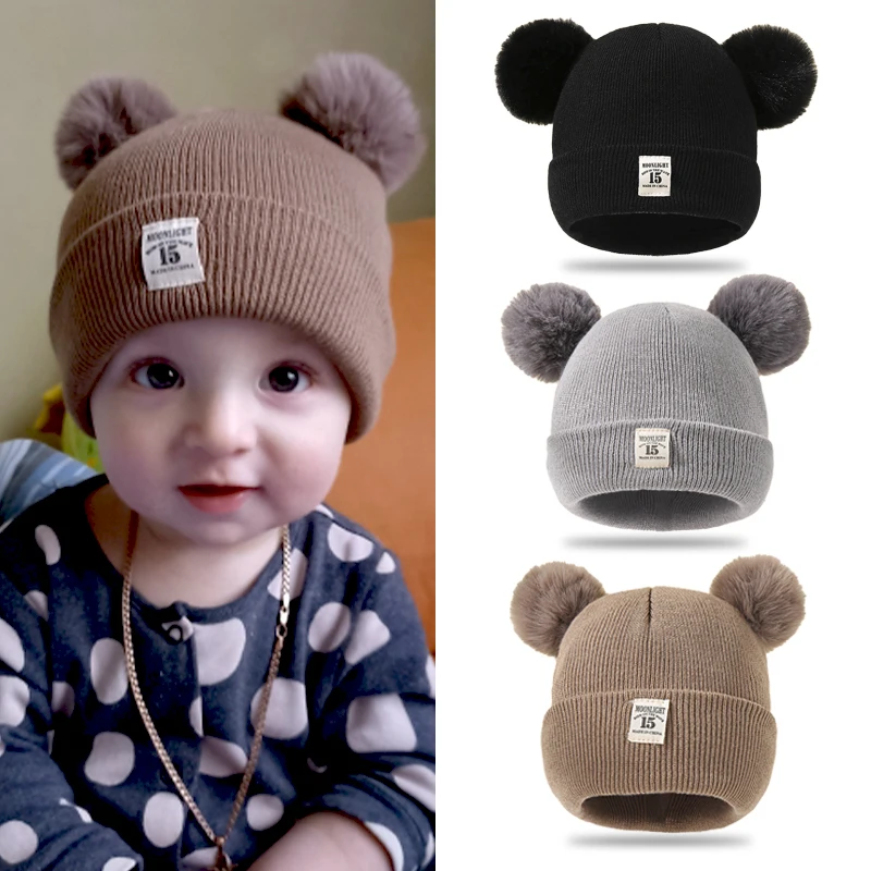 Winter Children Warm Baby Knitted Hats With Pom Pom Kids Knit Beanie Hats Solid Color Children\'s Hat For Boys Girls Accessories