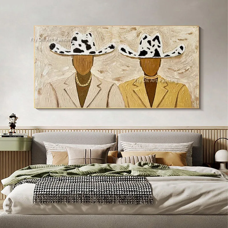 Original Hand Painted Heavy Texture Western Oil Painting, Palette Knife Two Cowboys Canvas Wall Artwork