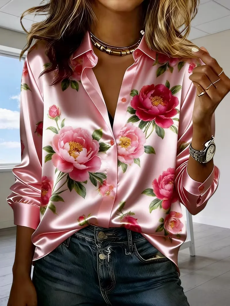 New soft pink peony print satin long sleeved shirt, gentle and luxurious, women's romantic commuting and dating shirt