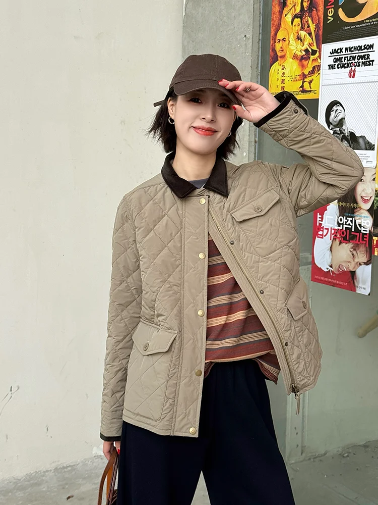 

Женская легкая теплая рабочая куртка Beibei Home из хлопка с ромбовидным узором и воротником цвета хаки