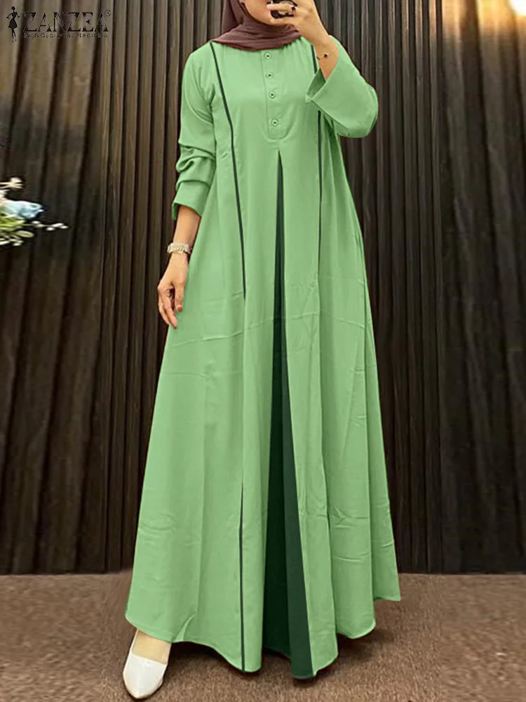 

Fashion Muslim Abaya Dresses 2025 ZANZEA Women Patchwork Maxi Sundress Fashion Long Sleeve Robe Eid Mubarek IsIamic Clothing
