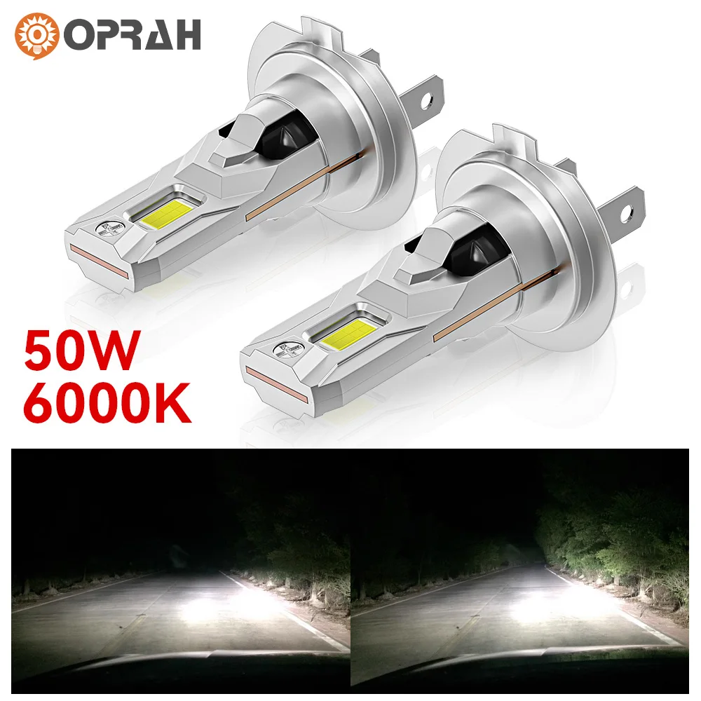 OPRAH 2PCS Fanless H7 LED Lights 1:1 Mini Size Head Lamp Wireless 50W 20000LM 6500K CSP LED Chips H7 Car LED Headlight Bulb 12V