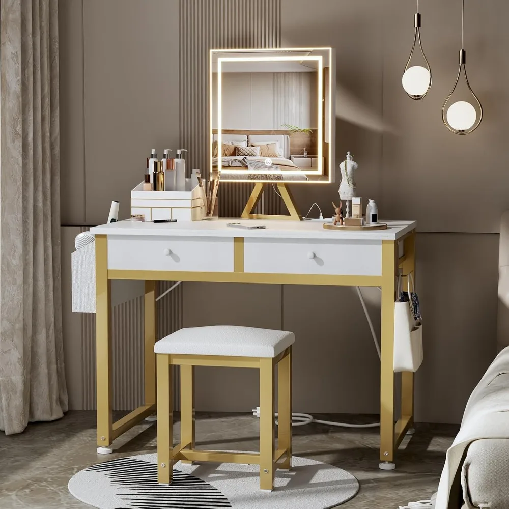 Small Makeup Vanity Desk with Fabric Drawers, 32 Inch White Vanity Desks with Mirror and Light, Dressing Table and Chair