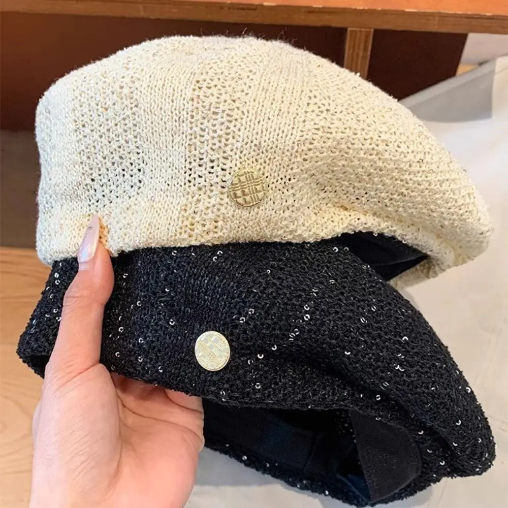 

Cute Breathable Sequin Beret Hat Hollowed Out Paillette Weave Hat Japanese Style Fashionable Crochet Knitted Cap Summer