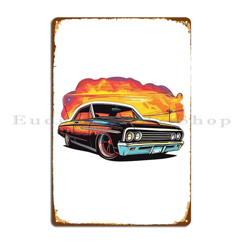 Classic Car And Fiery Sky Metal Sign Living Room Designing Club Retro Personalized Tin Sign Poster