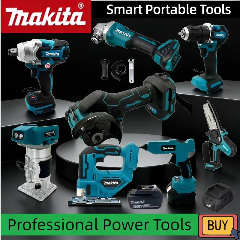 

Комбинированный набор Makita 18В: бесщеточная угловая шлифмашина, смазочный пистолет, цепная пила, воздушный насос, пистолет для герметика и отрезная машина