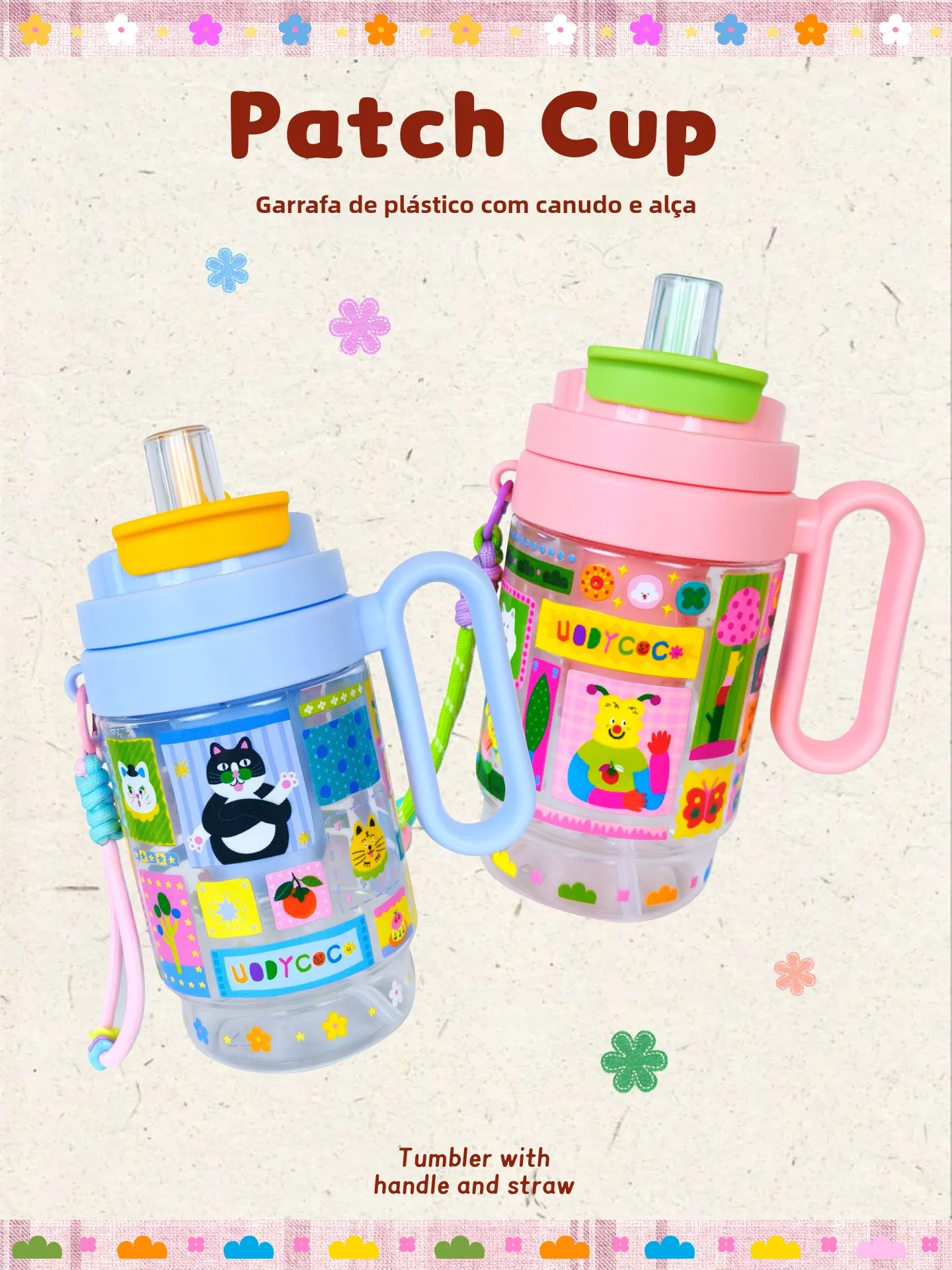 uody-original-small-wealth-double-water-cup-illustration-children-silicone-straw-cup-850ml-large-capacity-cup-with-handle