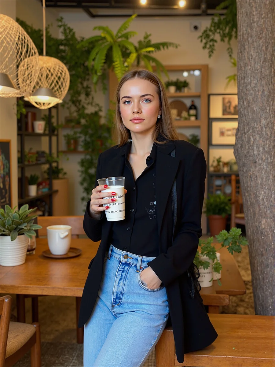 

Черный женский пиджак с отложным воротником, новый женский многоцветный изысканный домашний милый пиджак для прогулок, вафельный без пуговиц с вышивкой