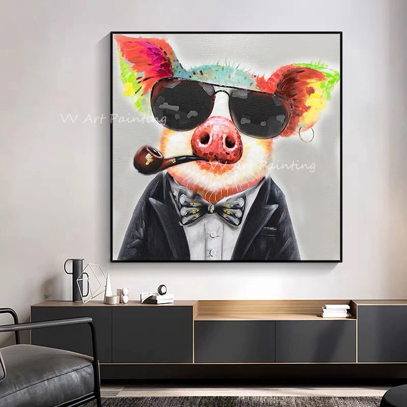 Colorful pig animal cute with smoking oil painting on canvas Handmade ModernTextured painting abstract painting as a gift