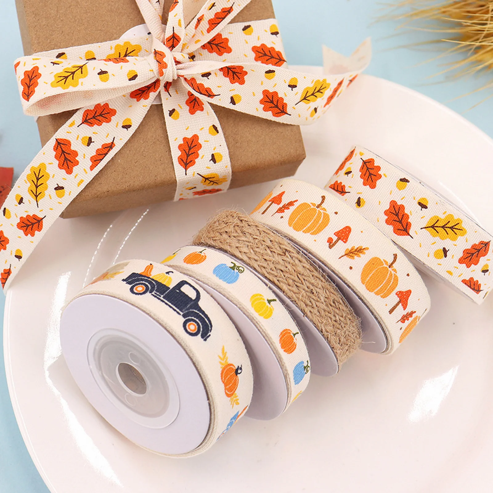 

5 Rolls Pumpkin Truck Ribbon Thanksgiving Festival Decorative Craft Supplies DIY Gift Wrapping Party Wreath Ribbon