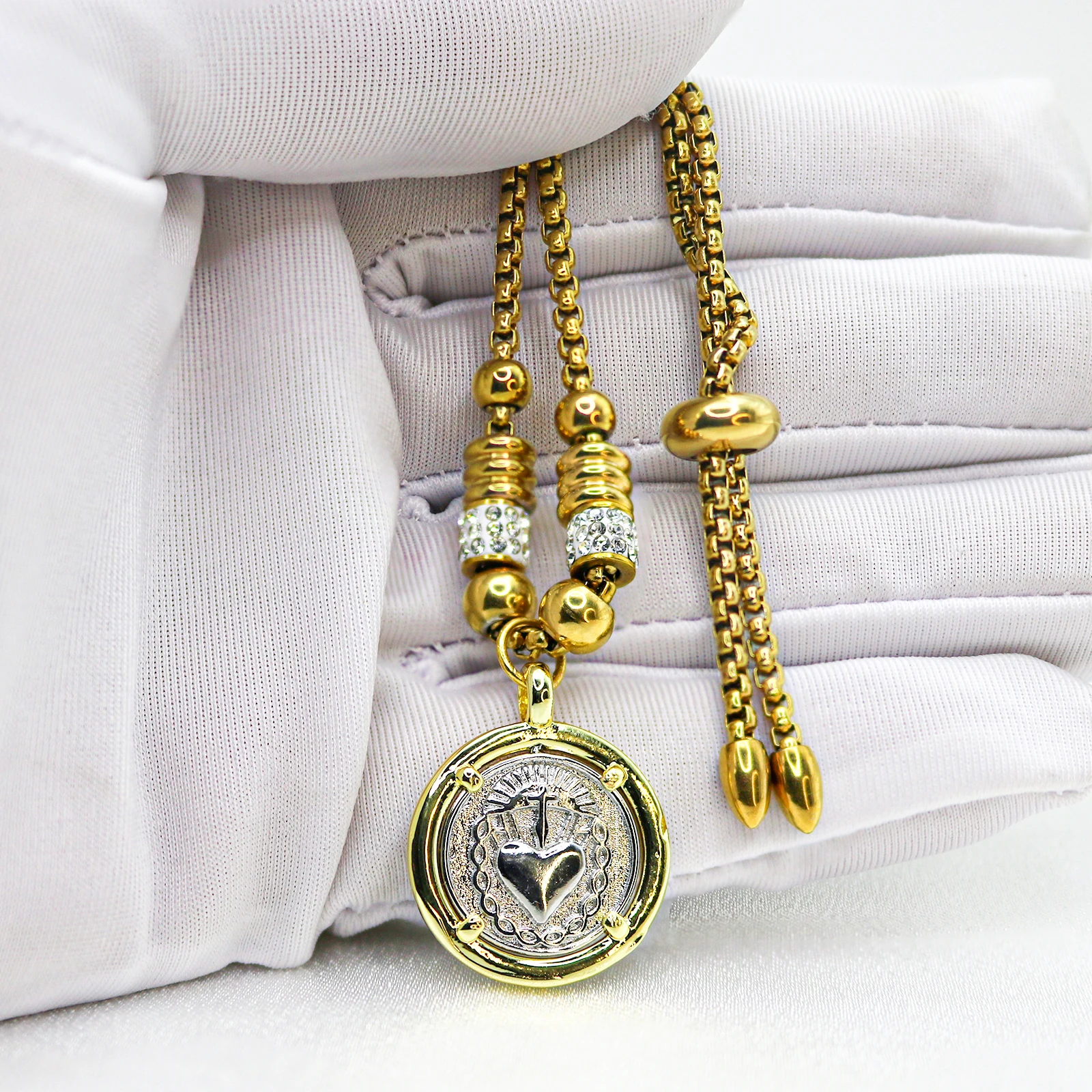 قابل للتعديل مطلية بالذهب حواف القلب المقدس يسوع ميدالية سحر أساور فضية عملة الصلاة ثعبان سلسلة سوار جوهرة الكاثوليكية #2