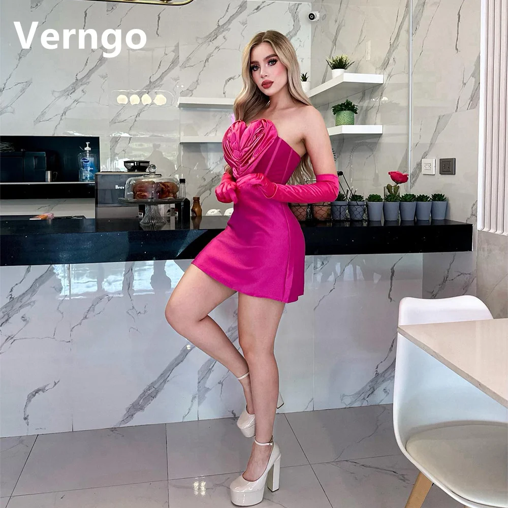 

Verngo Pink Satin Mini Prom Gowns For Women 3D Heart Short Party Dress With Gloves Simple Birthday Dress For Special Event