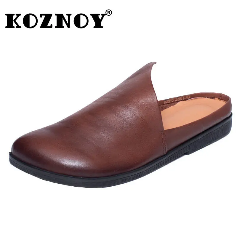 

Koznoy 1.7cm 2024 Cow Natural Cow Genuine Leather Slippers Platform Sandals Round Toe Summer Fashion Women Wedge Flats Shoes