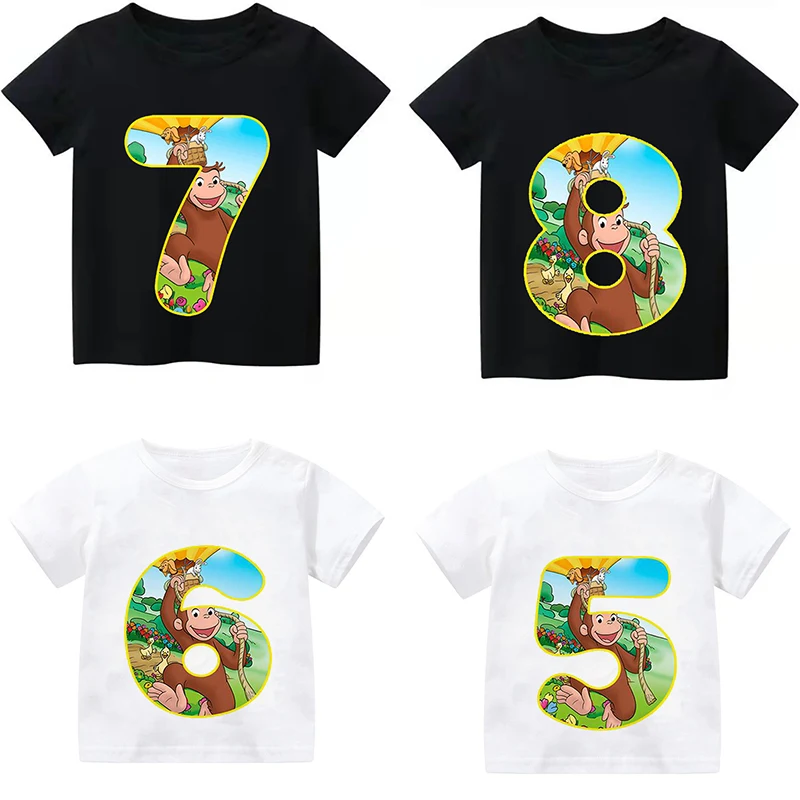 

Curious George Cute Monkey Print Cartoon Boys Clothes 1 2 3 4 5 6 7 8 9 Years Birthday Number Kids T Shirt Baby Girls T-Shirts