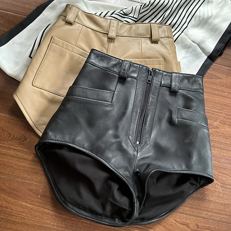 

Super Short Sheepskin Shorts for Women Fashion High Street High-Waisted Zipper Design Skinny Package Hip Real Leather Shorts
