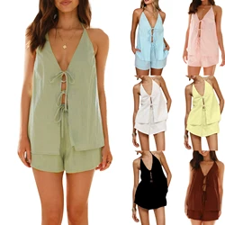 Women's Summer Outfit Halter Neck Tie Up Open Back Cami Tops Elastic Waist Shorts 2 Piece Solid Color Set