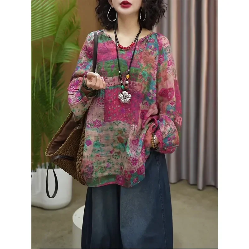 

New Vintage Ethnic Style Printing Floral Women Chinese Style Lantern Long Sleeved Loose Casual Affordable Pullovers XQ754