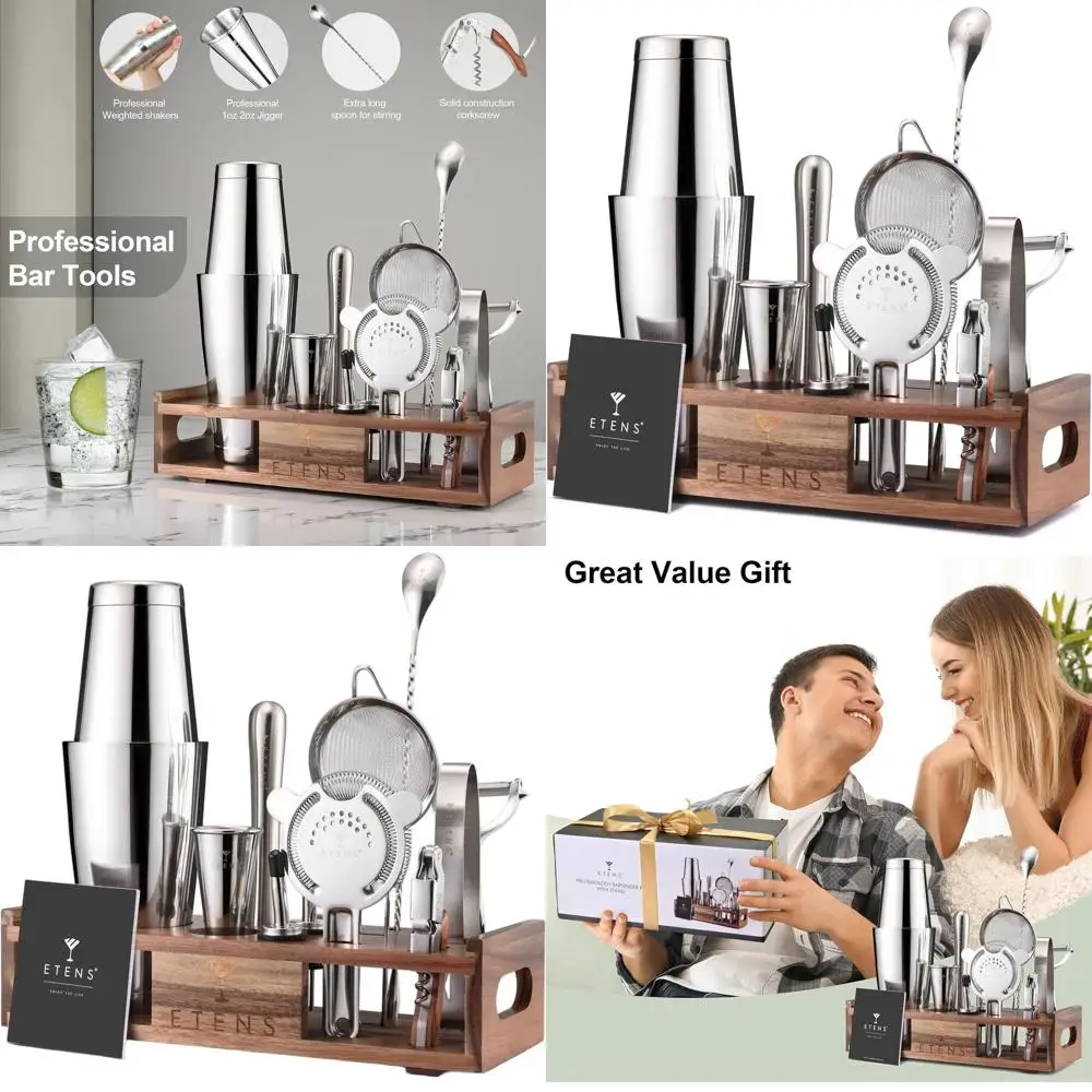 

Роскошный коктейльный набор из 15 предметов из нержавеющей стали с деревянной подставкой | Профессиональные инструменты для бармена для домашних и профессиональных мисмелогов | Прем.
