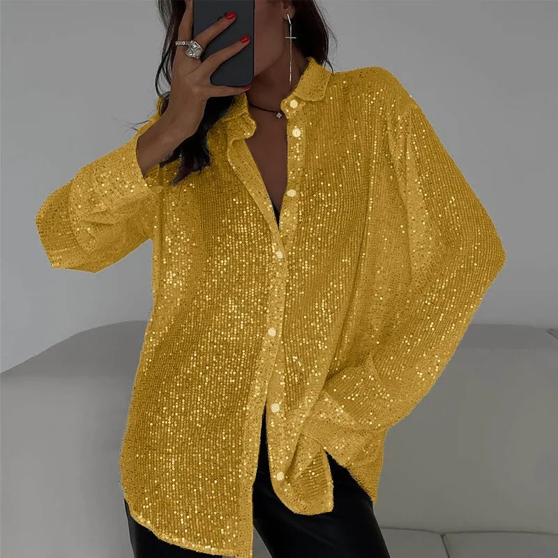 Women  Sequin Lapel Women's Shirt Casual Glitter Loose Long Sleeve 2024 Retro Sexy See-through Women's Black Shirt Streetwear