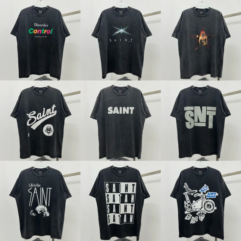 American Style Vintage Worn-look Loose Cotton Half-sleeve T-shirt Unisex Short-sleeved Retro Print Casual round Neck Top