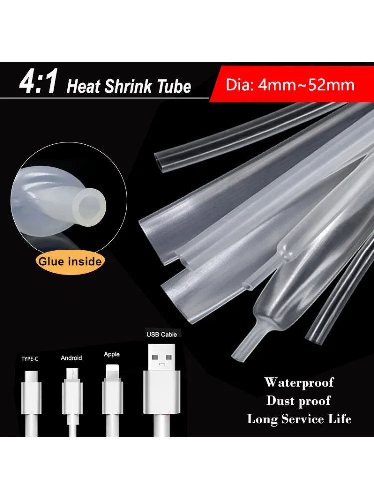 Helder 4:1 Dikke Lijm Krimpkous Dia.4/6/8/12/16/20/24/32/36/40/52/72mm Thermoresistente Buis Warmtekrimpbare Kabel Mouw - afbeelding 2