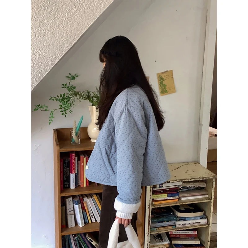 MEXZT 빈티지 플로럴 숏 파카 여성용 한국 패치워크 플러피 재킷 겨울 큐트코어 퍼리 코트 여성용 긴 소매 아우터웨어