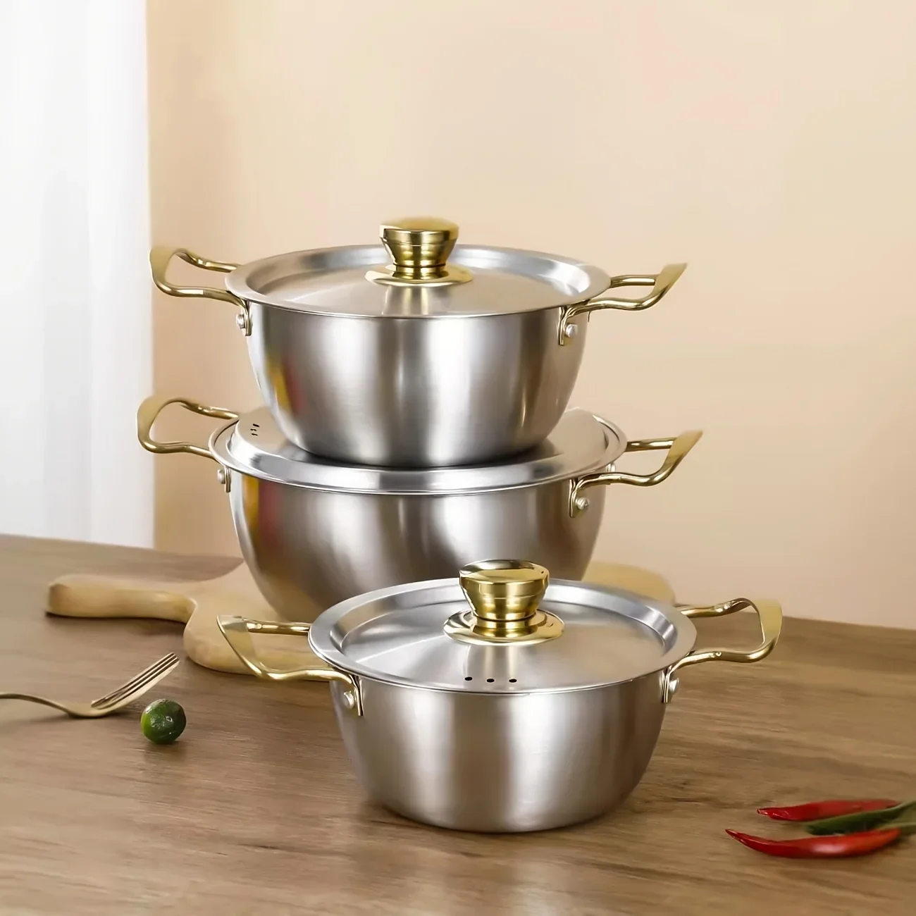 3-part stainless steel pan, 18cm/20cm/22cm size, Korean style, with double-handle, for the kitchen