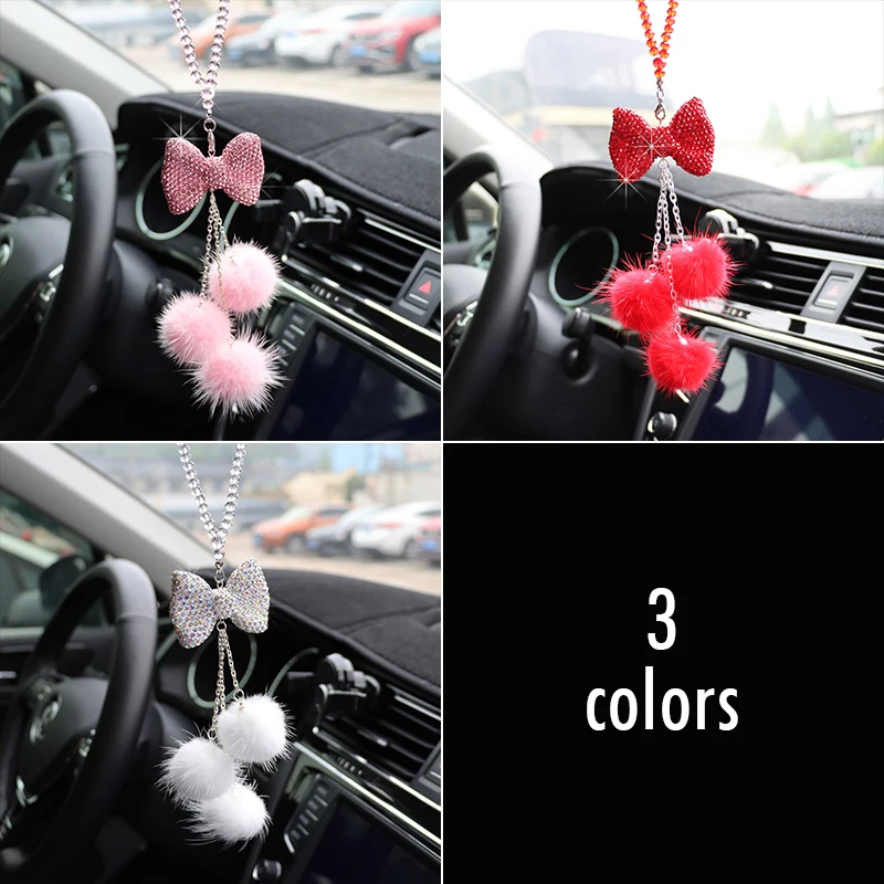 Diamond Bowknot Fashion Pendant Crystal Pompom Chain Car Rearview Mirror Hanging Ornament Christmas Gift Women\'s Car Accessories