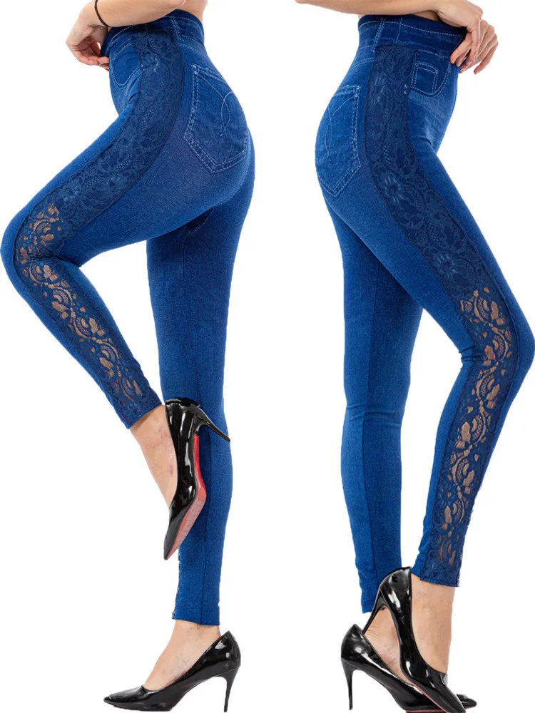 Visnxgi cintura alta leggings mulheres calças de ginásio oco para fora workout push up elástico falso denim jeggings fitness lado laço retalhos