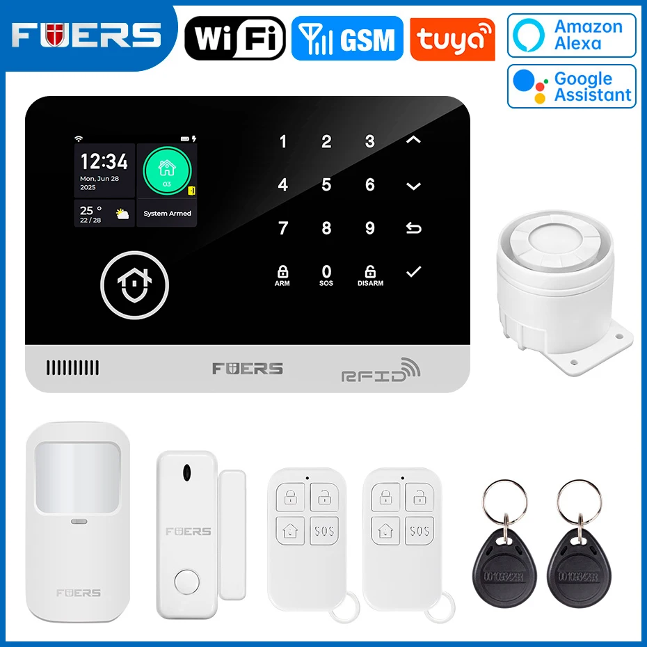 FUERS Alarmsysteem voor thuis WIFI GSM Beveiligingsalarm Host Ant-diefstal met deurbewegingssensor Tuya Smart App-bediening werk Alexa