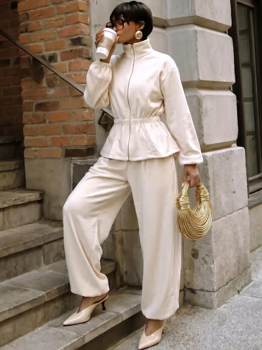 RU Women Stand Collar Zip Up Two Piece Set Elastic Waist Top Wide Leg Pants Outfit