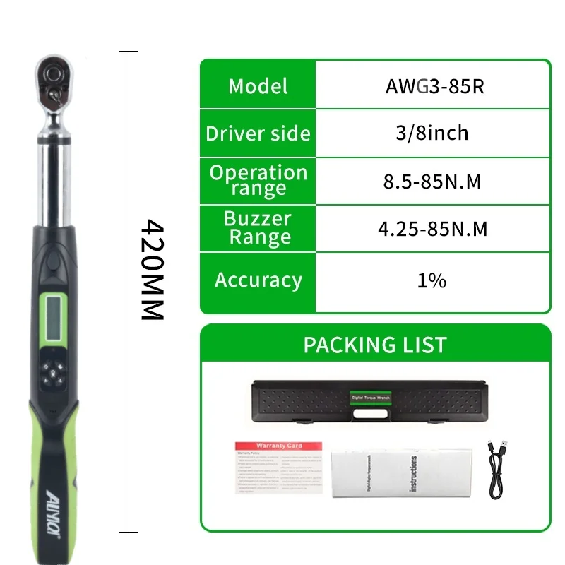 

ALIYIQI 85N.m 3/8 Digital Torque Wrench AWG3-85R Bidirectional Ratchet Head 36 Teeth Connect To Compueter 2% Top Quality Tools