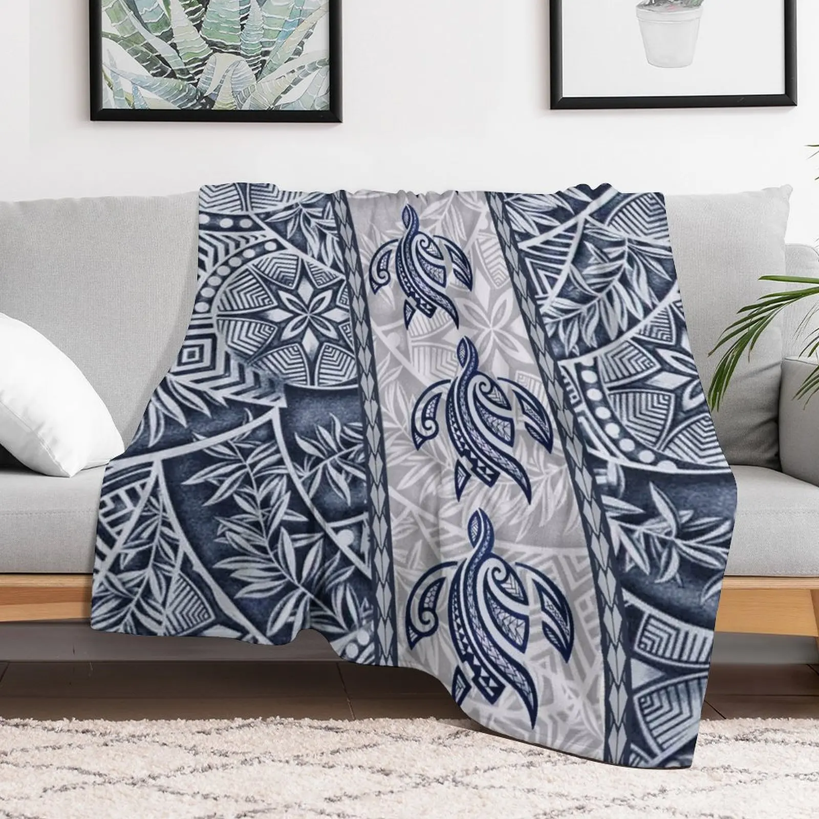 Ocean Blue Honu Tapa Fusion Throw Blanket Picnic Quilt Blankets