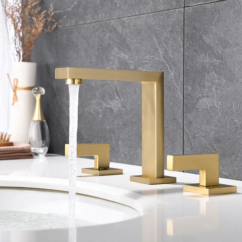 

MTTUZK Deck Mounted Brushed Gold 3 Hole Basin Faucet Brass Hot and Cold Water 3 Holes Square Washbasin Mixer Tap