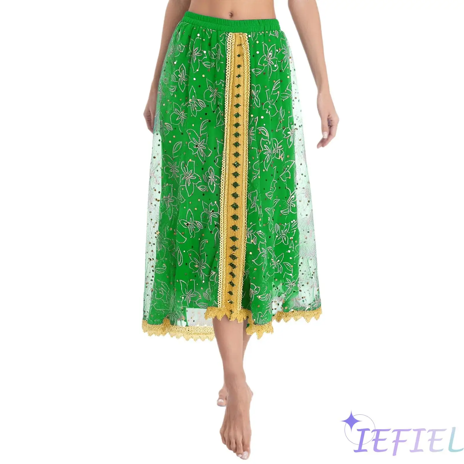 

Womens Belly Dance Maxi Skirt Arabian Festival Indian Halloween Costume Shiny Gold Trim Tiered Skirt Carnival India Folk Dance