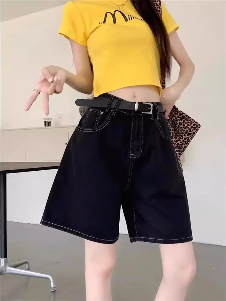 

High Waist Wide Leg Denim Shorts Women's Loose Slimming Casual Loose Five-Quarter Pants Summer Wear Comfortable Cotton Blend