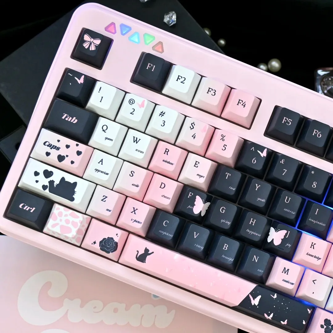 Black Cat and Rose Keycap Set Cherry Profile Thermal Sublimation PBT Material Black Pink Butterfly Cat Claw Pattern Cute Keycaps